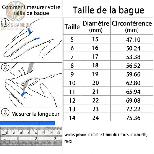 Alliance en bois de Koa et acier brossé accompagnée d'un guide illustré en trois étapes pour mesurer sa taille de bague à domicile. L'image présente une méthode simple utilisant une bandelette et une règle, complétée par un tableau de correspondance précis indiquant le diamètre et la circonférence en millimètres pour les tailles 5 à 14.