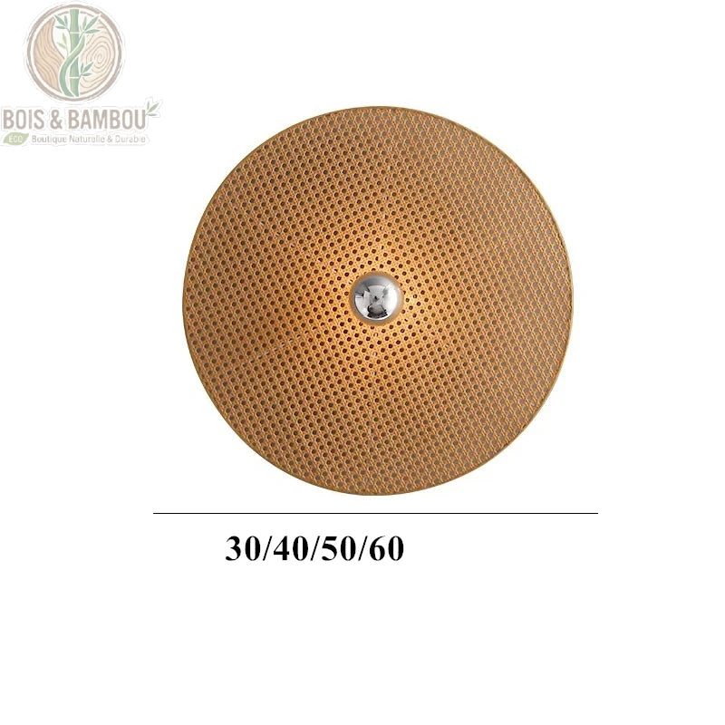 Applique disque bambou brun naturel avec indication tailles 30 40 50 60 cm