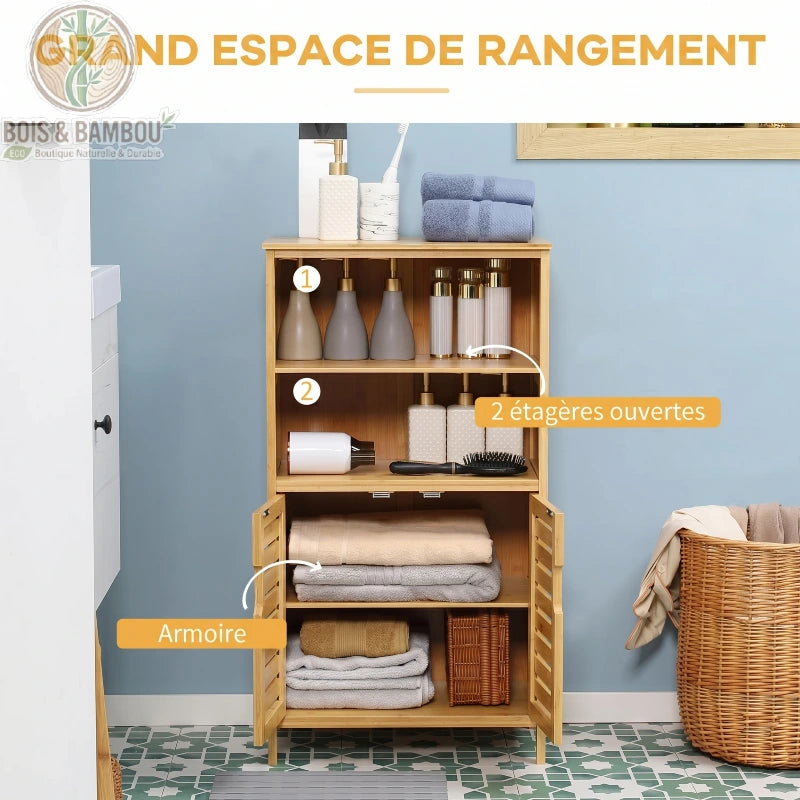 Armoire etagere de salle de bain en bambou descriptif. Meuble haut montrant 2 étagères ouvertes pour produits de soin et un placard bas avec serviettes, offrant un grand espace de rangement.