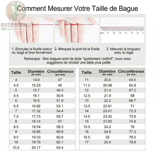 Bague en bois de Koa et acier inoxydable composée d'une structure durable en acier inoxydable brossé et d'un ruban de bois de Koa véritable aux veines apparentes, présentée ici avec un guide pratique pour mesurer sa taille de doigt.