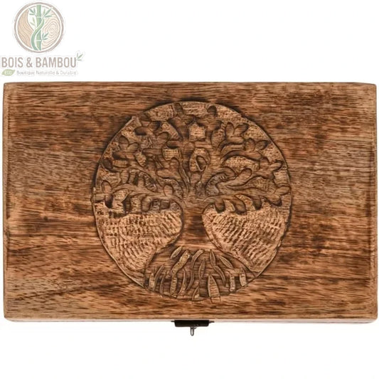 Couvercle boîte à souvenirs en bois Arbre de Vie gravure sculptée main détail