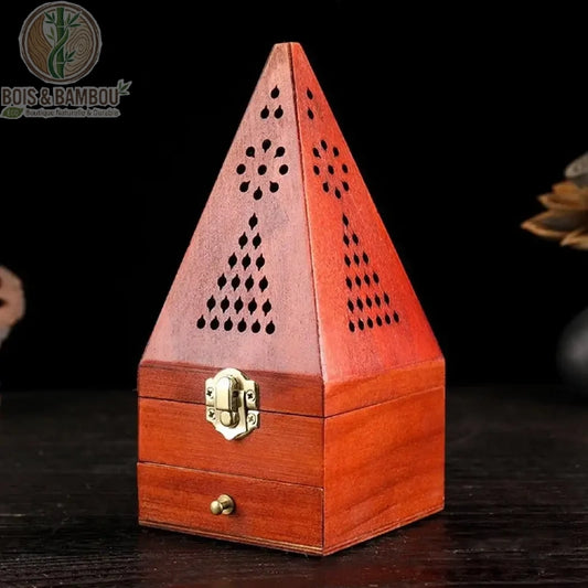 Encensoir pyramide bois modèle 2 motif gouttes triangles rouge-brun intense