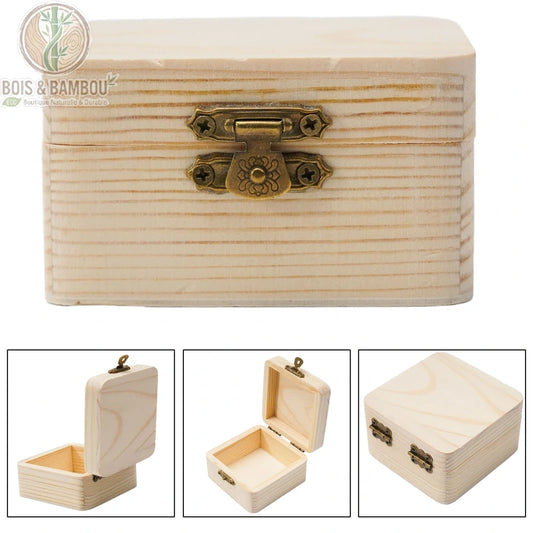 Boîte en bois de pin naturel détail double fermoir doré vues multiples