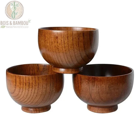 Bol jujubier japonais trois bols veinage longitudinal, vue rapprochee fond blanc, Bois et Bambou Eco
