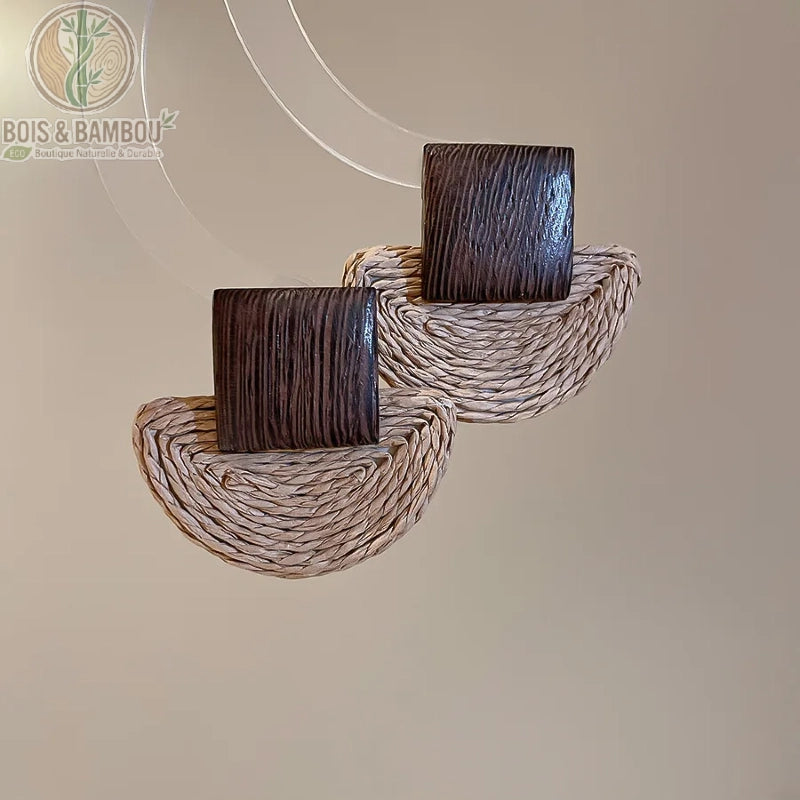 Boucles d'oreilles pendantes bohèmes en bois et raphia coloris marron, Bois Et Bambou Eco