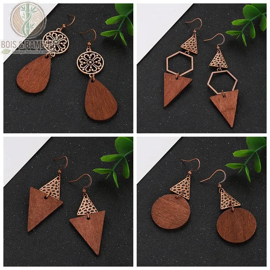 Boucles d'oreilles ethniques en bois naturel, présentation des 4 styles