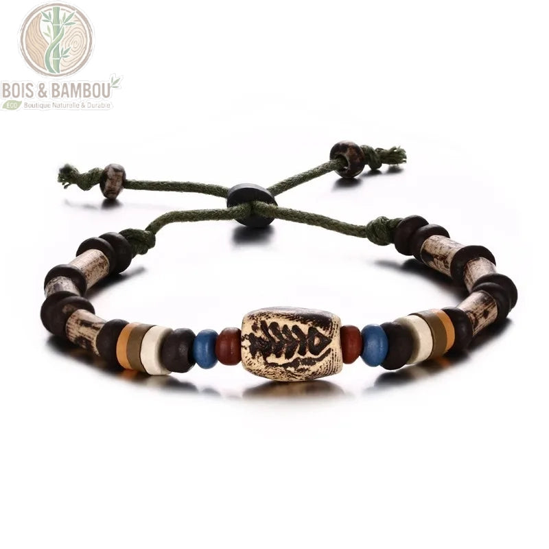 Bracelet perles bois homme modèle D design bohème géométrique cordon réglable