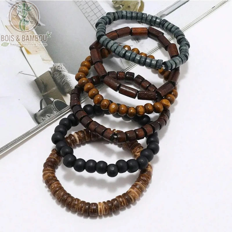 Détail des 6 modèles de bracelets perles bois et noix de coco rondelles cylindres et rondes