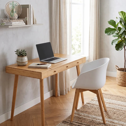 Bureau En Bambou Scandinave. Bureau minimaliste en bambou avec tiroirs et chaise blanche design, installé dans un espace de travail lumineux et épuré au style nordique.