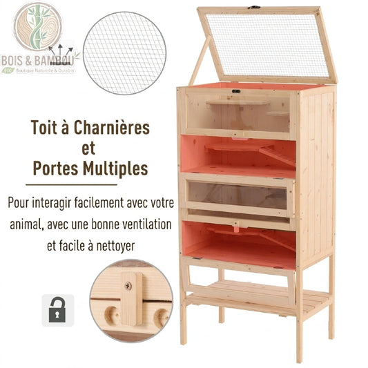 Cage à hamster toit à charnières et portes multiples avec loquets bois
