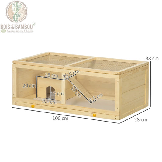 Cage à hamster bois de sapin dimensions 100 x 58 x 38 cm avec cabane et rampe
