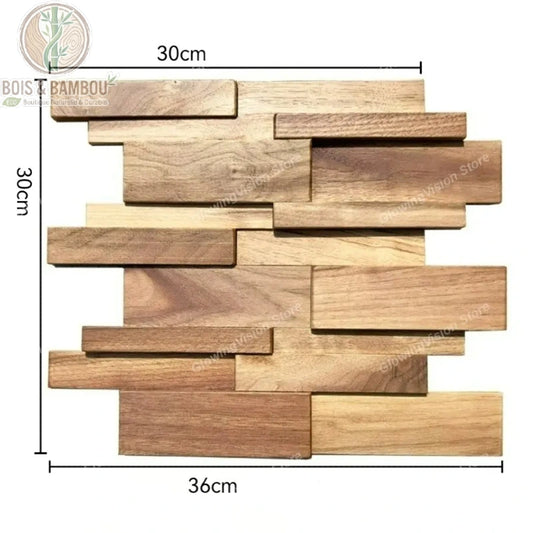 Carreau mosaïque bois noyer clair miel lames relief décalé 30 x 36 centimètres vue dimensions