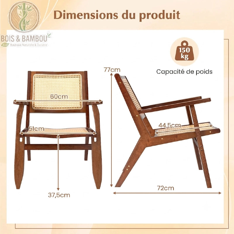 Dimensions chaise cannage rotin 60 x 77 x 72 cm capacité 150 kg