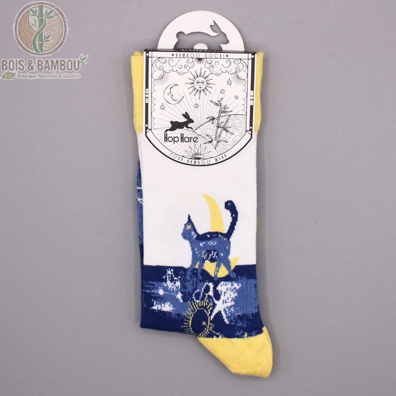 Chaussettes en bambou fantaisie chat de minuit dans leur emballage cartonné