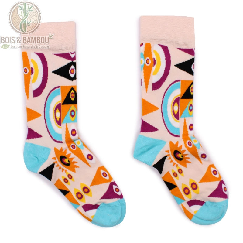 Paire de chaussettes bambou fantaisie œil psychédélique multicolore posée à plat