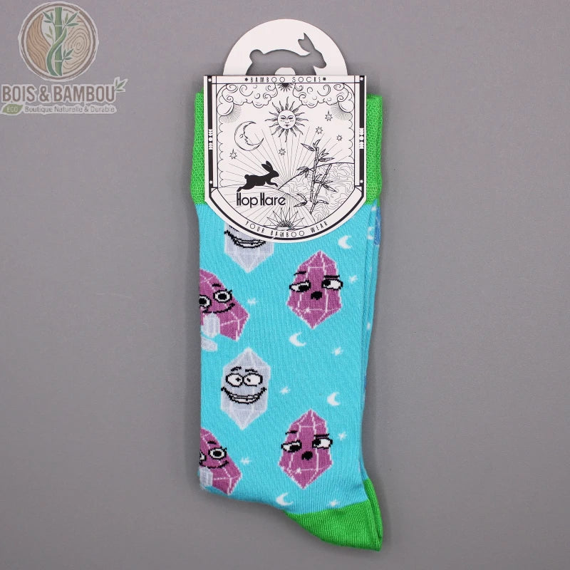 Chaussettes en bambou pierres précieuses kawaii avec revers vert, vue emballage