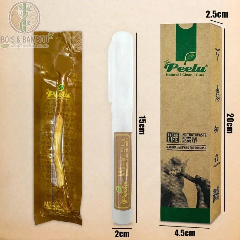 Dimensions du bâton de miswak, de l'étui de transport et de la boîte