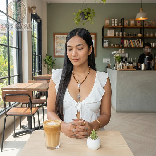 chapelet en bois naturel perles rondes porté en collier long par une femme ambiance café