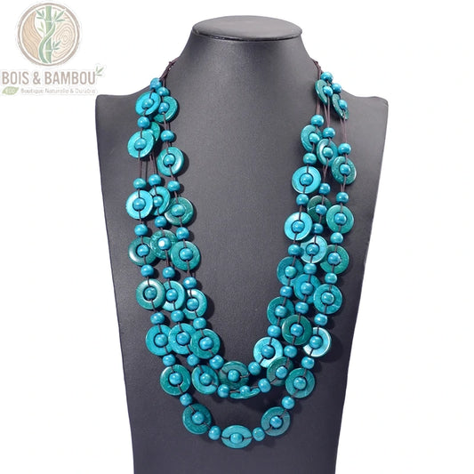 Collier multicouche perles bois turquoise 3 rangs style ethnique bohème