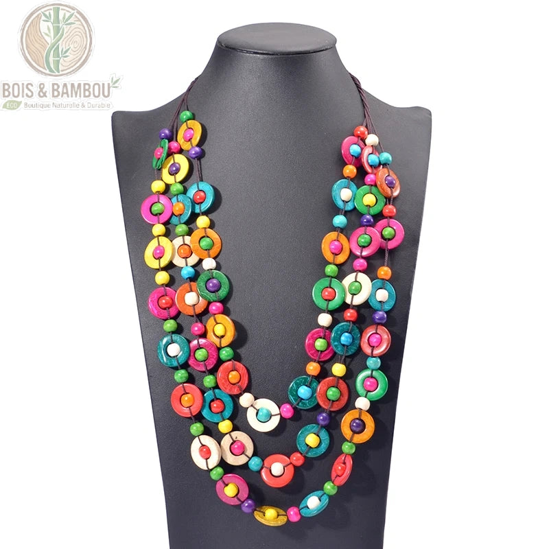 Collier multicouche perles bois multicolore vif 3 rangs fait main