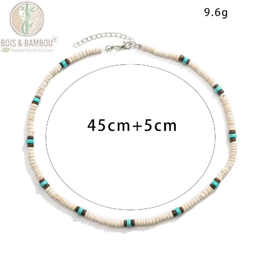 collier ras du cou bois blanc turquoise dimensions 45 cm extension 5 cm poids 9,6 g fermoir mousqueton