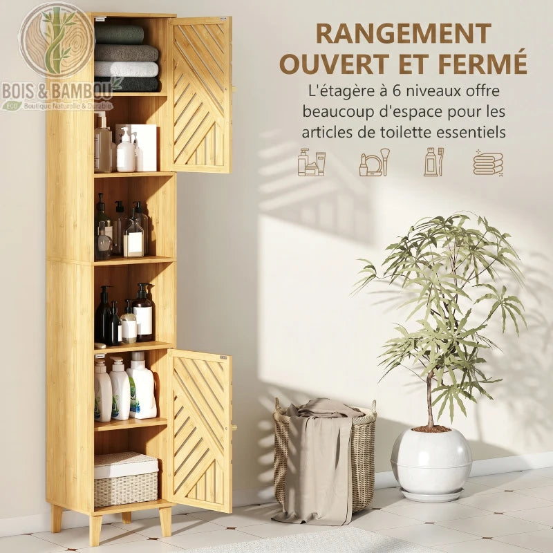 Colonne de Salle de Bain en Bambou descriptif 3. Infographie d'une étagère à 6 niveaux offrant un rangement ouvert et fermé pour les articles de toilette essentiels dans un design naturel.