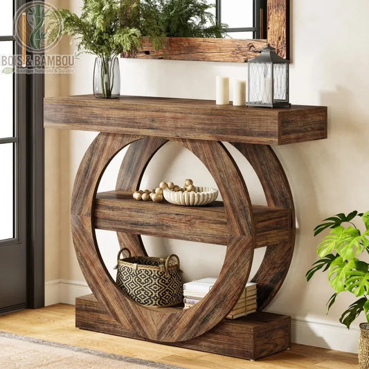 Console en bois massif d entree style farmhouse 1. Console d'entrée artistique en bois massif avec un piètement circulaire unique et des étagères intégrées, décorée d'une lanterne et de plantes.