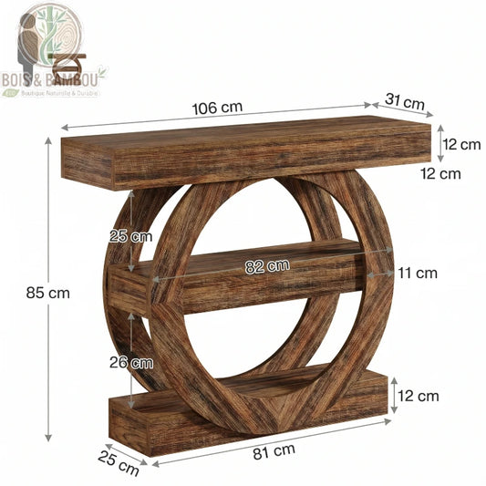 Console en bois massif d entree style farmhouse dimensions. Schéma technique d'une console design avec ses mesures détaillées : 106x31x85 cm, incluant les dimensions des étagères et du pied circulaire.
