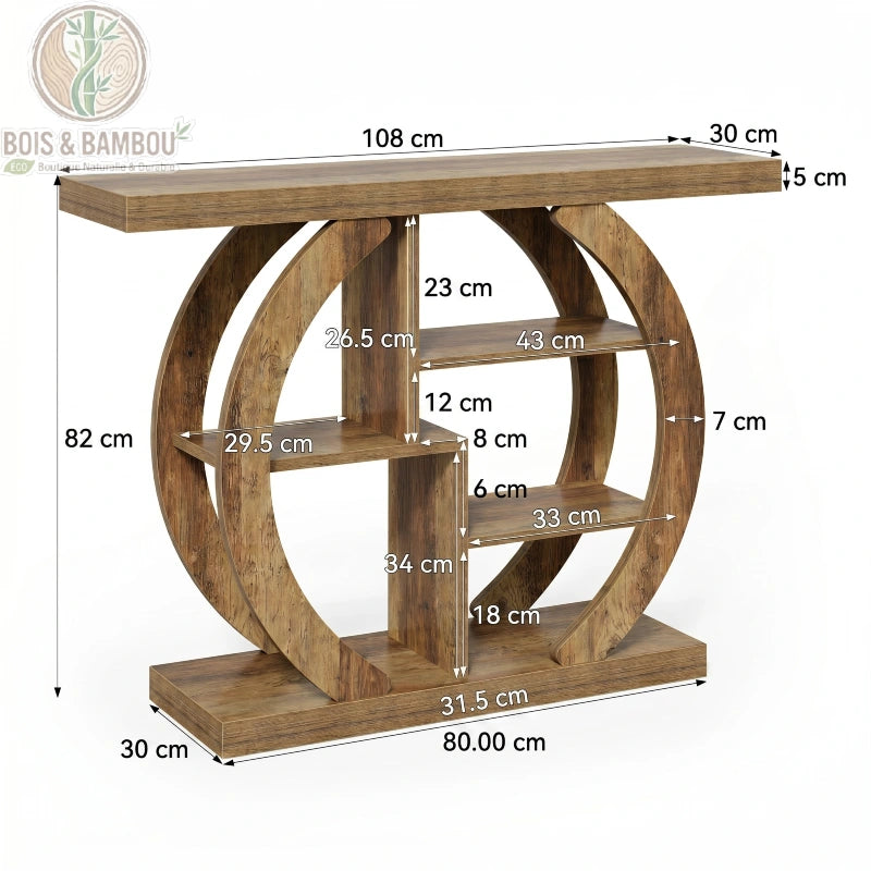 Console rustique a 4 niveaux dimensions. Schéma détaillé présentant les mesures de la console : 108x30x82 cm, avec les dimensions précises de chaque étagère interne et l'épaisseur du bois massif.