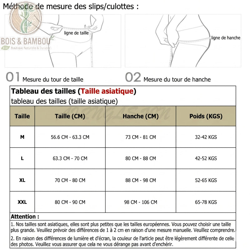 Culotte taille basse en fibre de bambou avec dentelle taille. Un guide illustré pour mesurer le tour de taille et de hanche, accompagné d'un tableau des tailles (M à XXL).