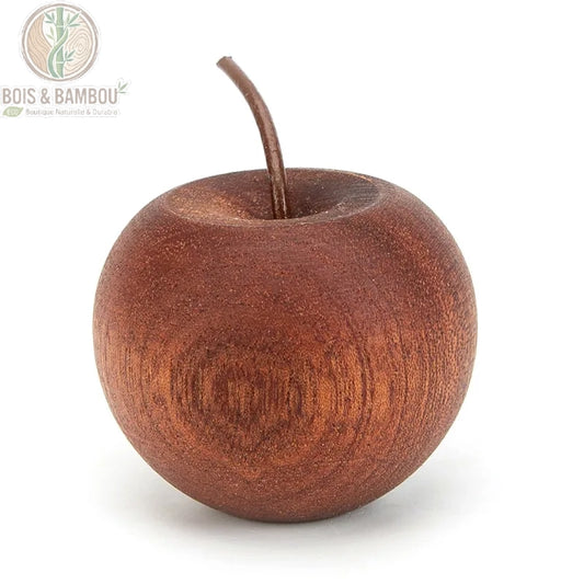 Diffuseur passif bois sculpté forme pomme, teinte acajou brun, grain bois massif visible, tige en bois