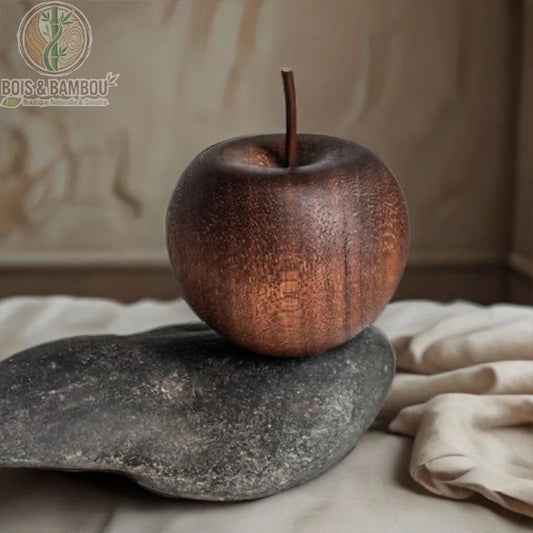 Diffuseur huiles essentielles en bois massif forme pomme posé sur galet