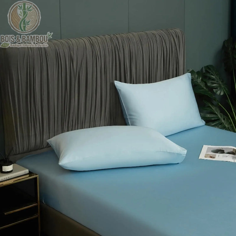 Drap-housse bleu ciel bambou 90x200 lit ambiance chambre