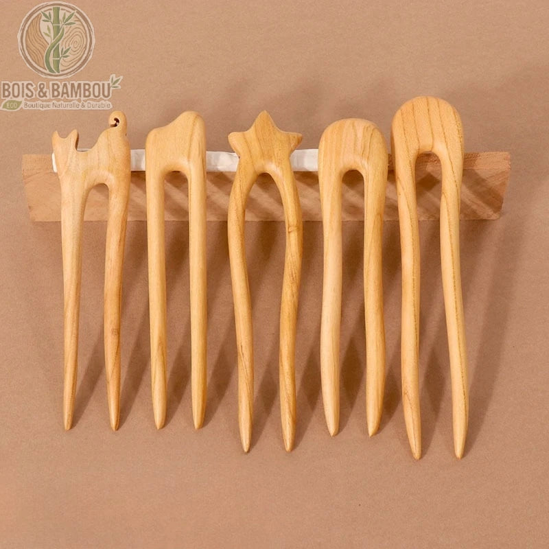 Épingle à Cheveux en U en Bois de Pêcher 5 Modèles
