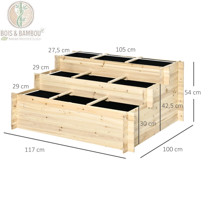 Schéma dimensions jardinière escalier bois 117 x 100 x 54 cm et 9 bacs de plantation