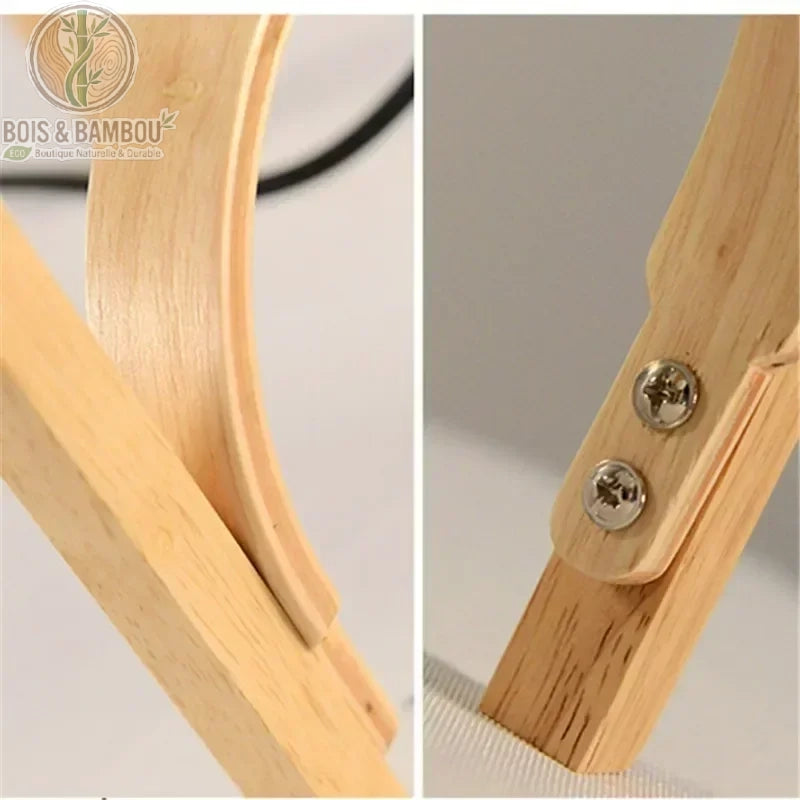 Gros plan assemblage artisanal lampadaire bois arche courbée et vis apparentes naturel