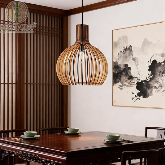 Suspension bois cage oiseaux au-dessus table repas ambiance japonaise