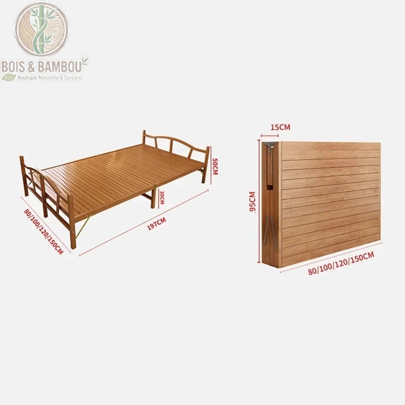 Lit Pliant en Bambou Massif dimensions. Infographie montrant les mesures du lit ouvert (197cm de long) et plié (15cm d'épaisseur, 95cm de haut), disponible en largeurs de 80, 100, 120 et 150cm.