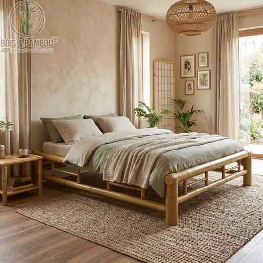 Lit en Bambou Tressé Carbonisé Classique. Lit double robuste en tiges de bambou naturel avec linge de lit vert sauge, disposé dans une chambre à la décoration bohème et zen avec tapis en jute.