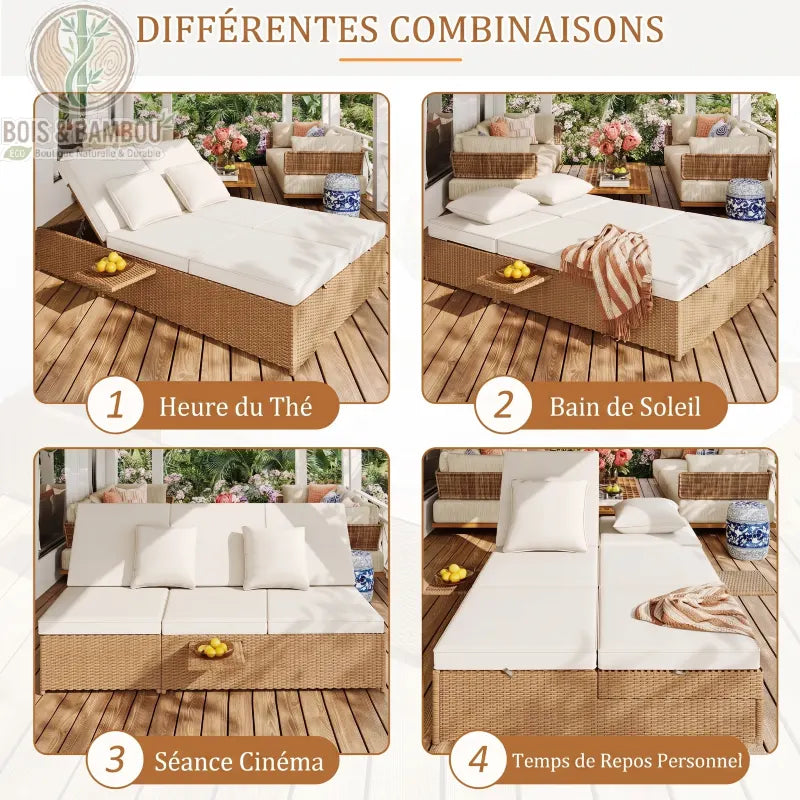 Lit en bois de jardin Double en Rotin descriptif. Infographie illustrant quatre configurations modulables : Heure du Thé, Bain de Soleil, Séance Cinéma et Temps de Repos Personnel sur une terrasse.