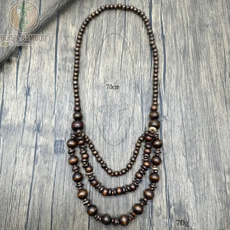 long collier perles bois 3 rangs à plat longueur 70 cm poids 70 g dimensions mesures
