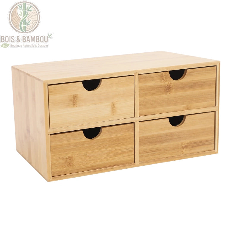 Organisateur de bureau en bambou 4 tiroirs situation 3. Vue isolée de l'organisateur en bambou naturel avec ses quatre tiroirs fermés, mettant en avant son design épuré et ses finitions soignées.