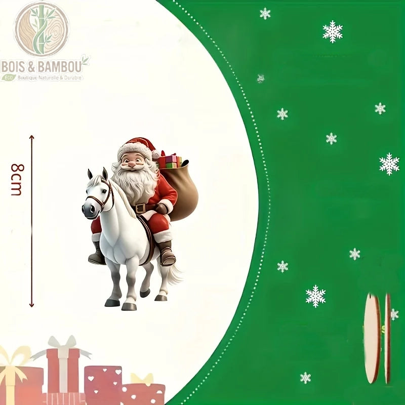 Ornement bois Père Noël à cheval 8 cm hauteur, format 2D léger pour décoration sapin Noël