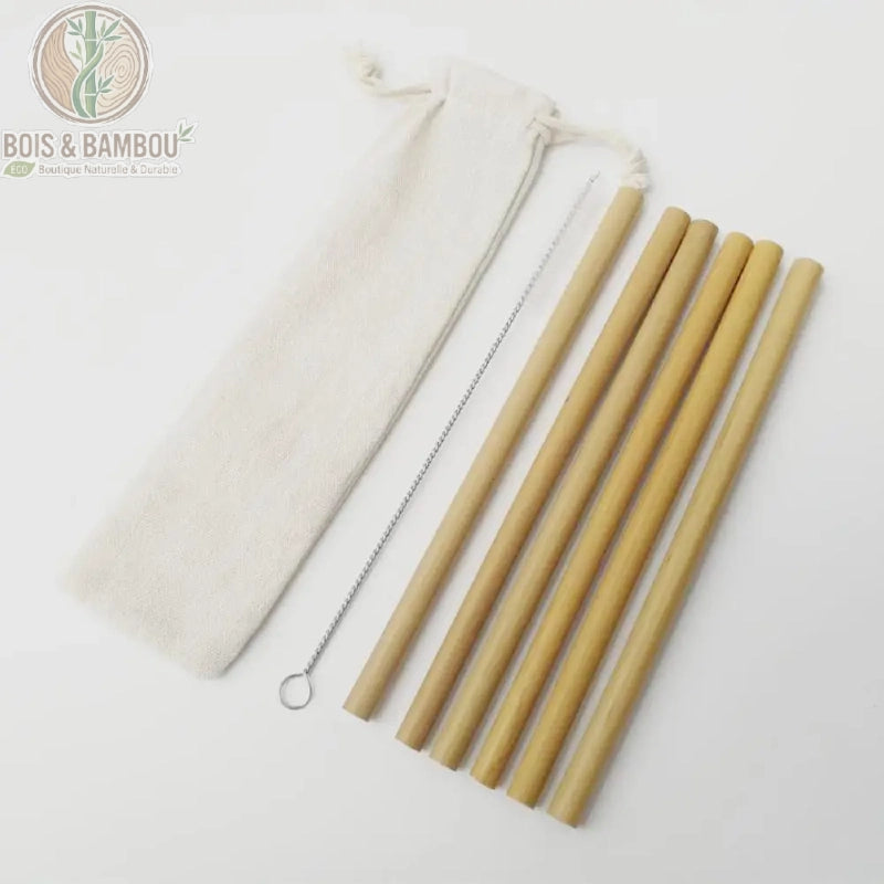 Pailles en Bambou Bio Ensemble 6 Pailles Naturelles avec Pochette – 6 pailles bambou bio alignées, taille 20 cm ou 23 cm, accessoire bar zéro déchet écoresponsable.