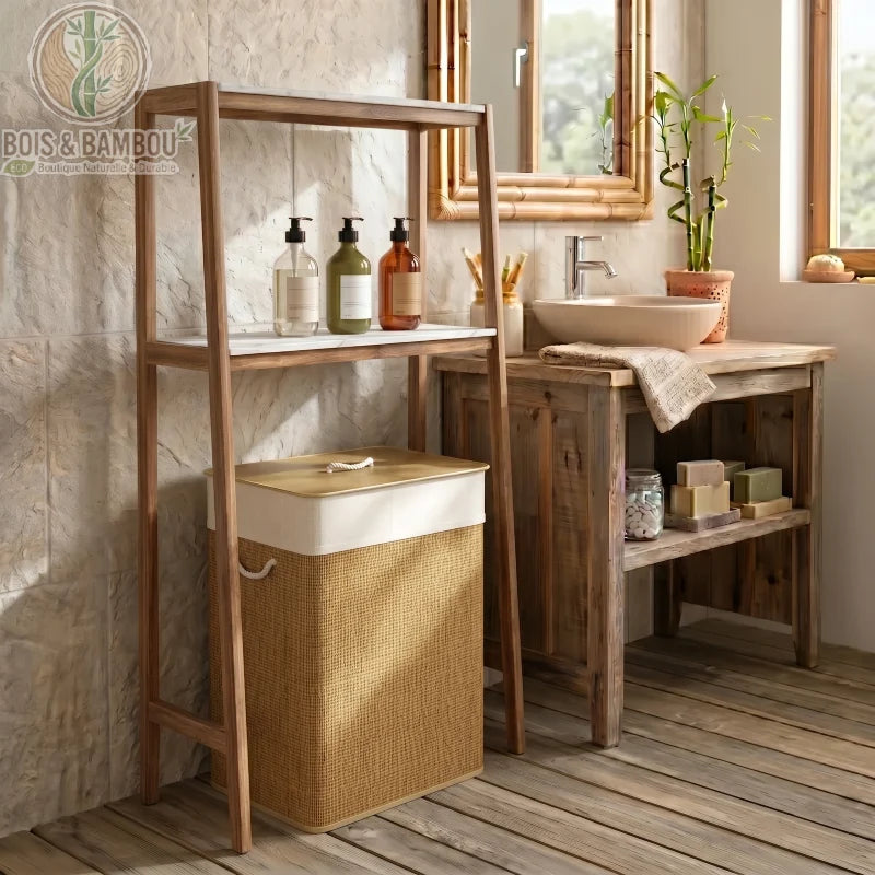 Panier à Linge en Bambou avec couvercle blanc, intégré sous une étagère en bois. Décor de salle de bain rustique avec flacons de savon, lavabo en pierre et miroir en bambou.