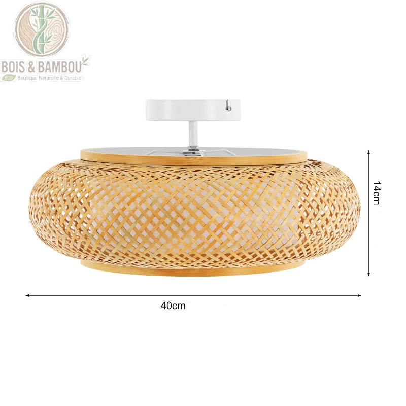 Plafonnier bambou tissé main dimensions 40 cm de diamètre et 14 cm de hauteur