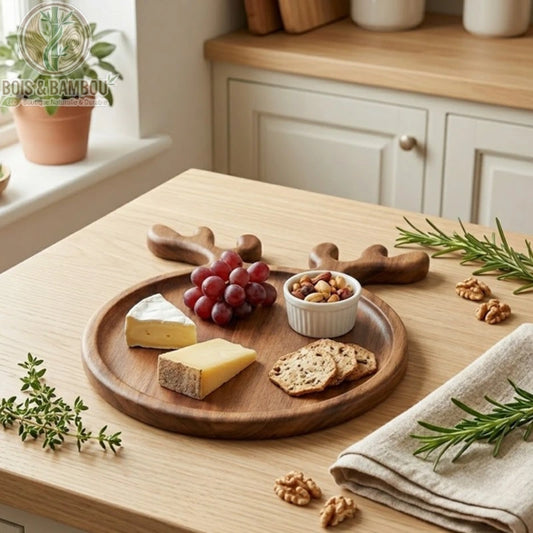Planche à Charcuterie en Bois Ronde avec poignée bois de cerf, dressée avec fromages, raisins et noix, brins de romarin, ambiance cuisine naturelle et rustique
