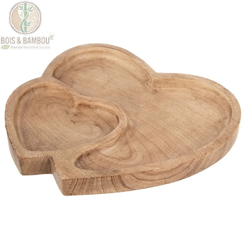 Plateau Double Cœur en Bois de Manguier 23x20 cm, vue de face fond blanc, deux compartiments cœur sculptés à la main, veinage naturel brun chaud