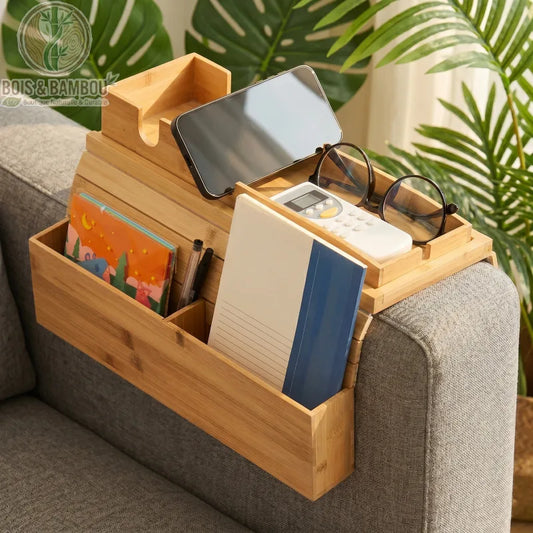 Plateau d accoudoir de canape en bambou 8. Un plateau organisateur flexible en bambou sur un canapé gris, avec des compartiments contenant un smartphone, des lunettes, une télécommande et des carnets.