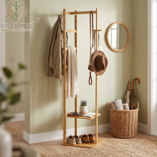 Porte Manteau En Bambou d'Angle. Porte-manteau d'angle en bambou avec étagère et crochets, décoré de vêtements et accessoires dans une entrée zen avec miroir rond et panier en osier.